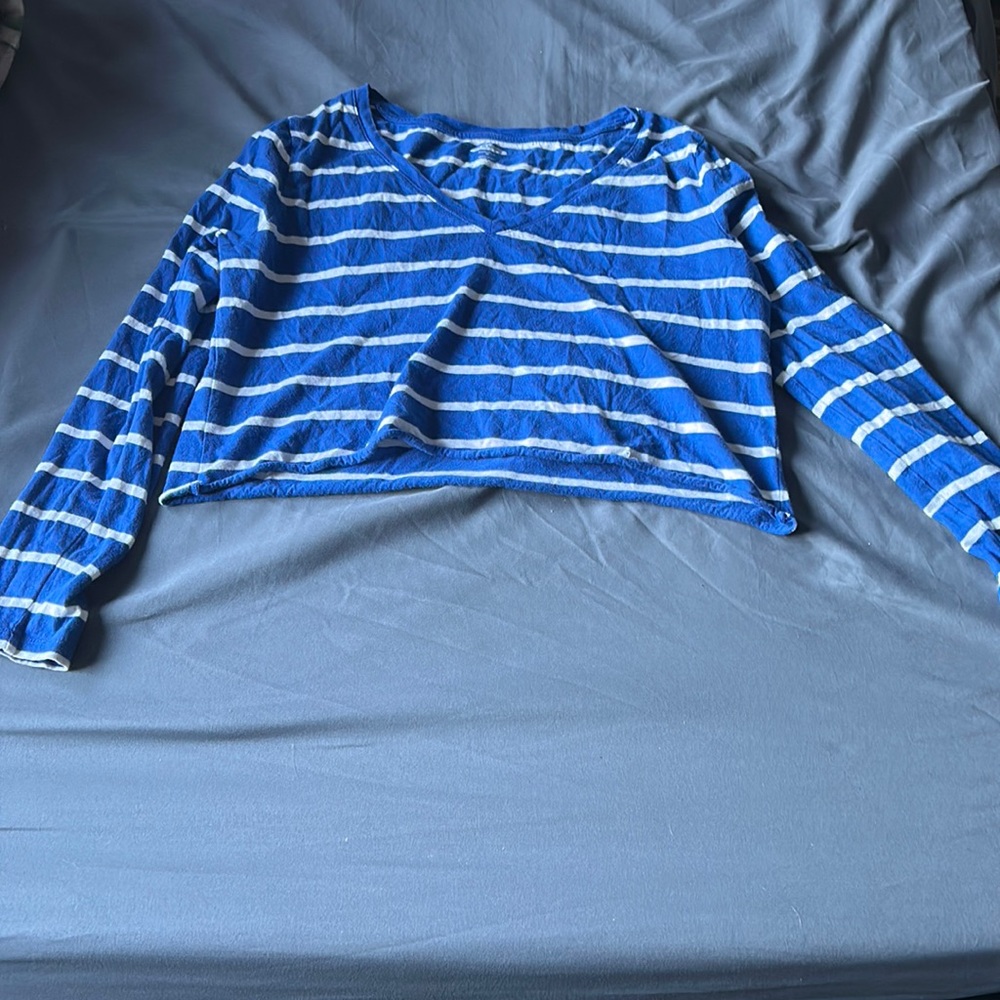 Blue and white striped long sleeve crop top
